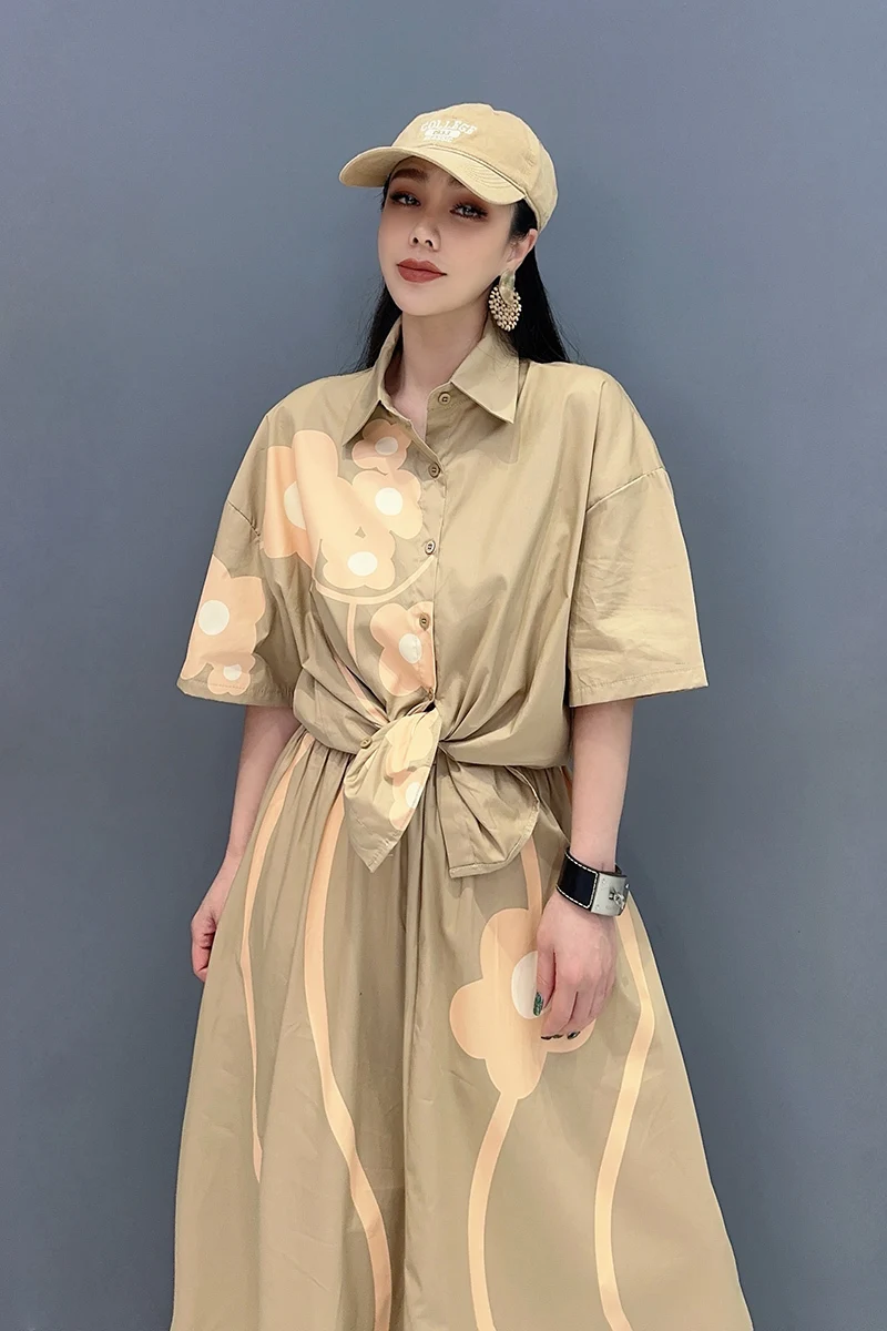 2024 Summer New Fashion Print Dress Set Women Short Sleeved Shirt + Large Hem Skirt Two Piece Set Loose Size LX120