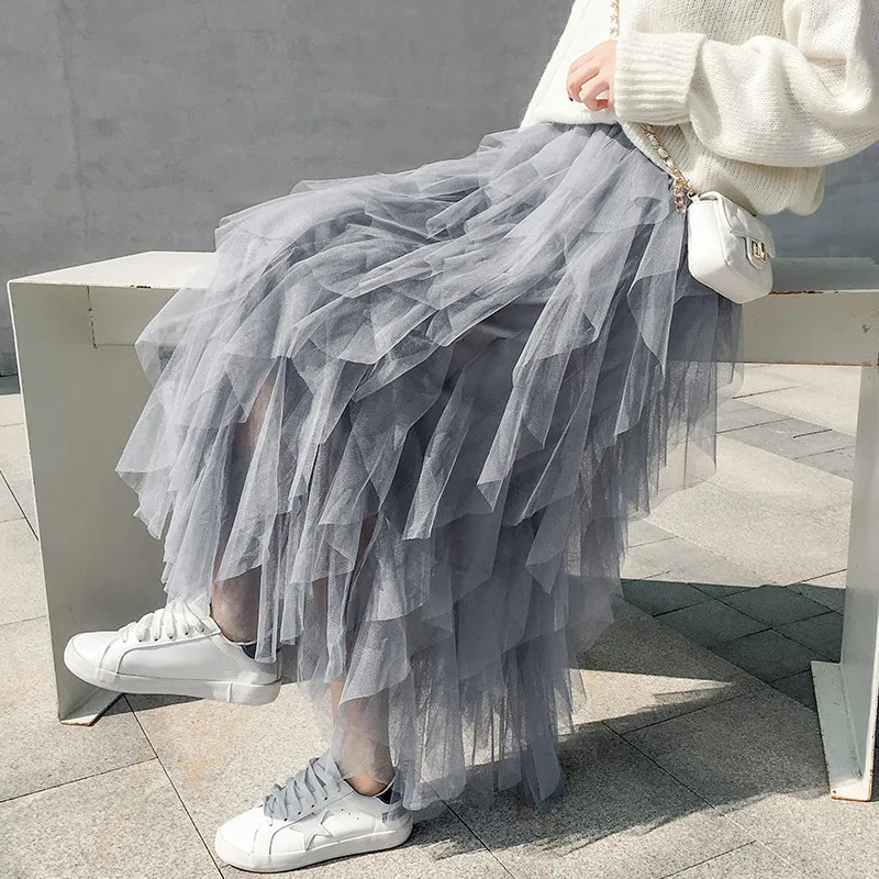 

2023 Spring Autumn Women Irregular Lace Skirts Elastic High Waist Ball Gown Mesh Skirt Ladies A Line Large Hem Long Tutu Saia