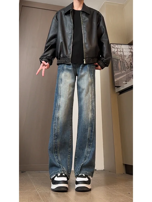 Deconstructed Patchwork Jeans Men's Design Sense Minor American High Street Waed Straight Workwear Pants Knife 