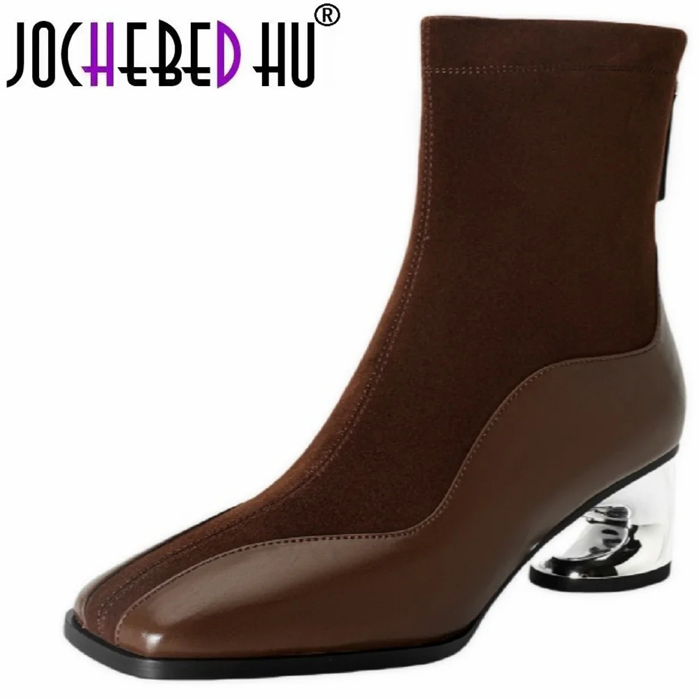 

【JOCHEBED HU】Handmade Brand Genuine Leather New Women's Short Boots Square Toe Medium Heel Fashion Daily Comfort Shoes 34-40