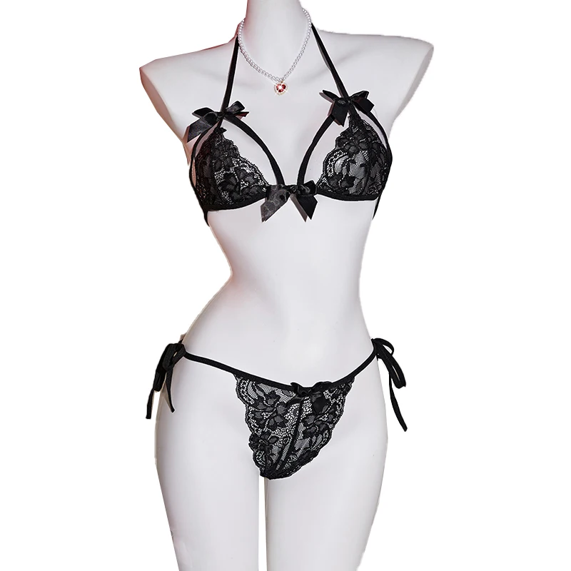

Sexy Hanging Neck Style Lace Set Push Up Bra Panty Set Lingerie Briefs Sets Transparent Bras For Woman Underwear Erotic Costumes