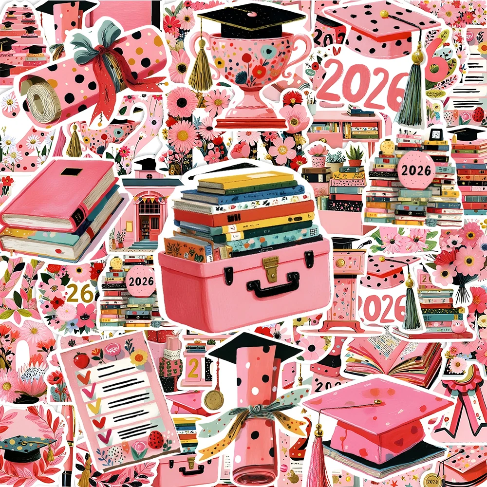 

10/30/60pcs Pink 2026 Graduation Season Stickers Cute Cartoon Decals Decoration Scrapbook Diary Phone Case Graffiti Sticker Gift