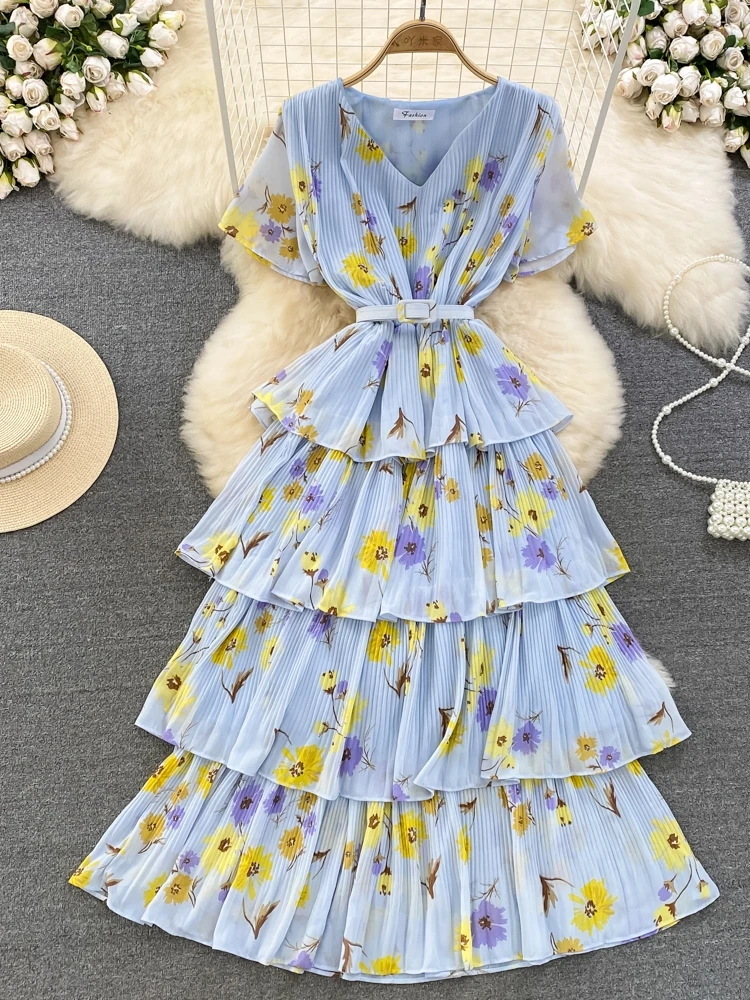 Vestido Longo de Verão com Manga Curta, Decote em V, Saia em Camadas Floral, Estilo Coreano, Alta Cintura, Psado, para Fér...