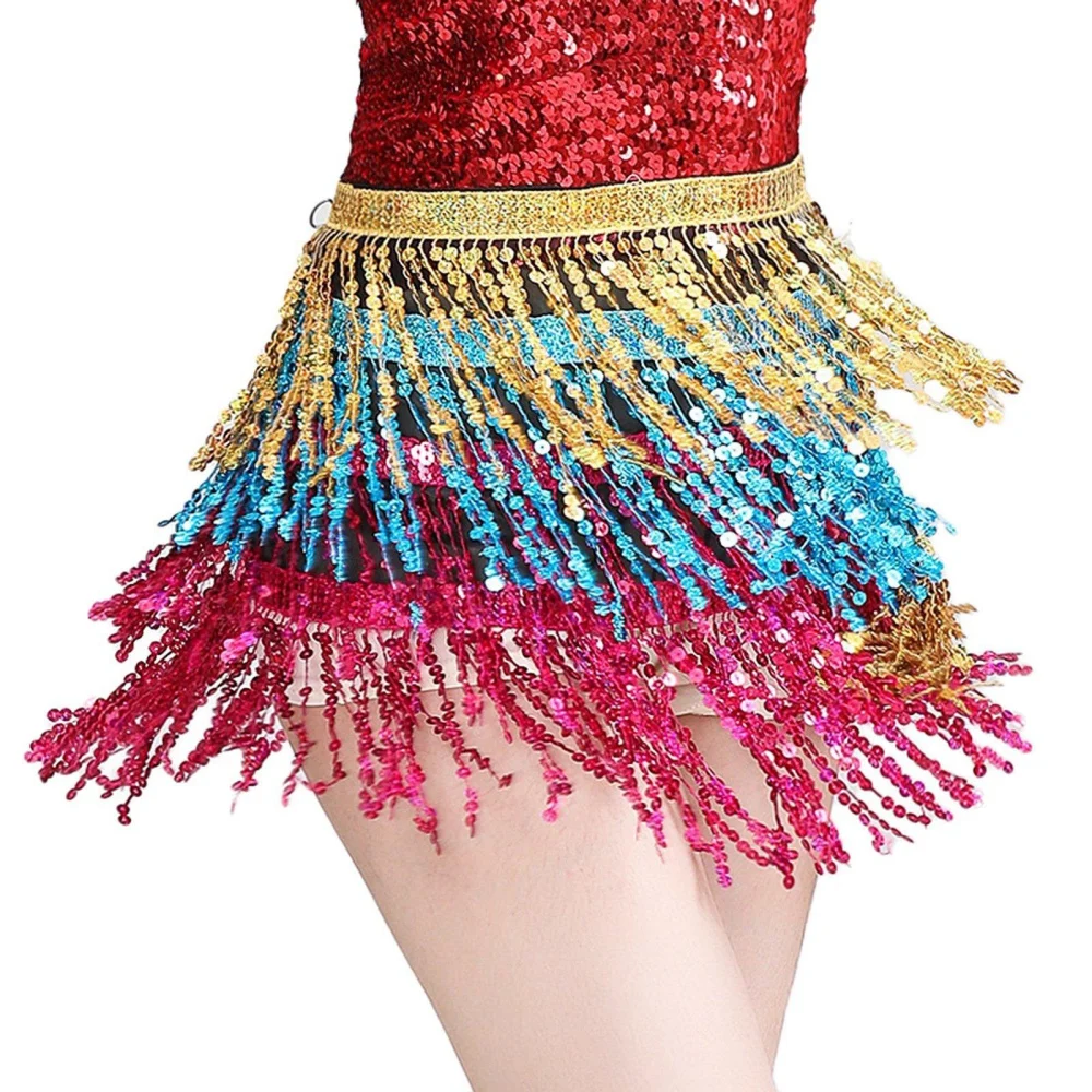 Women Boho Belly Skirt  Sequins Belly Hip Scarf Tassel Fringe Skirt Rave Party Dance Performance Costume