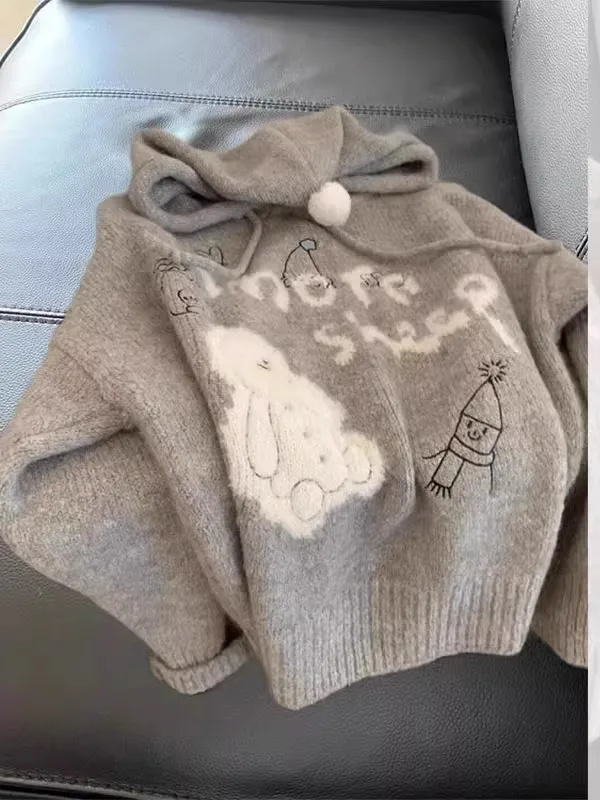 

Очень большой вязаный свитер-худи с мультяшным принтом, в корейском стиле, модная женская повседневная одежда для зимы