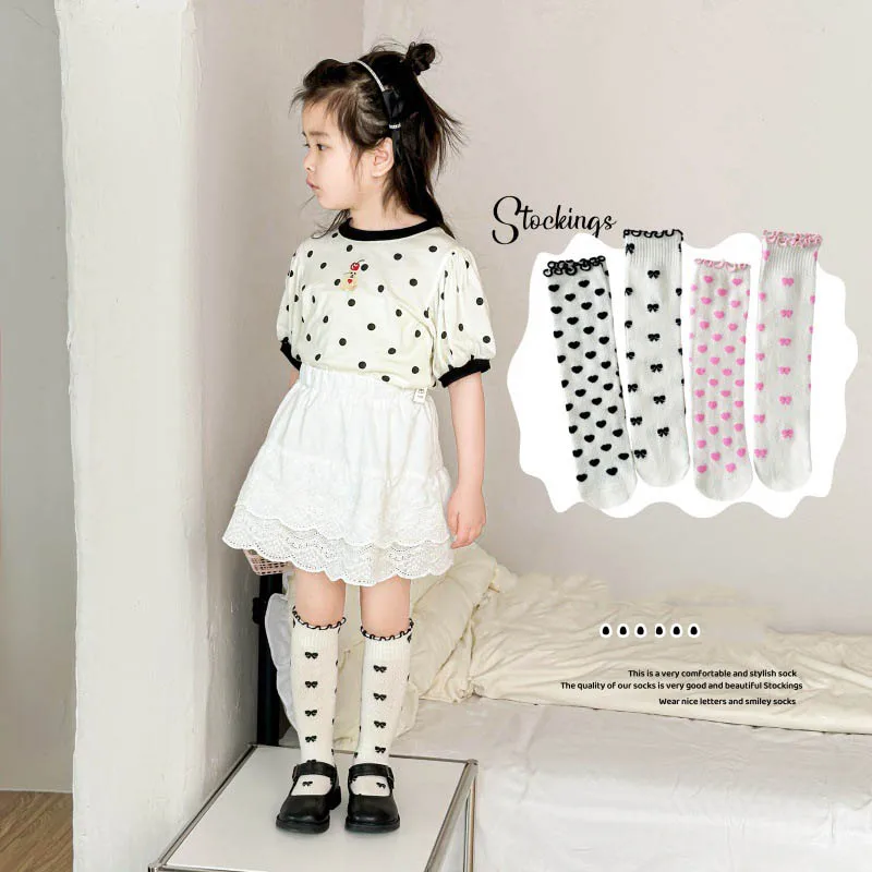 Cute Bow Love Printed Baby Girl Sock Summer Breathable Mesh Middle Tube Socks For Girl 2-10Y Kids Girl Sweet Thin Princess Socks
