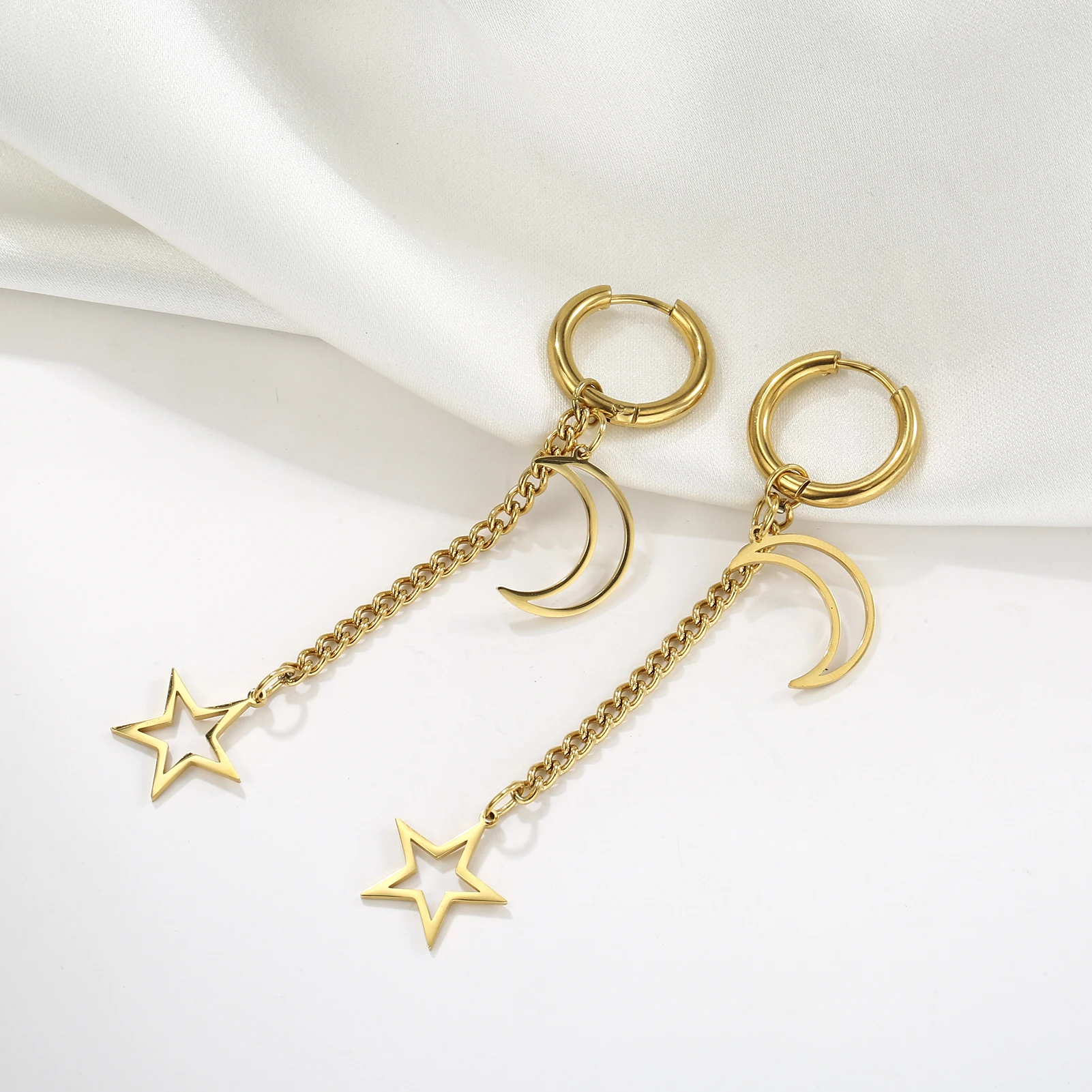 Kkjoy Edelstahl Neue Design Kette Hoop Ohrring Für Frauen Hohl Solide Stern Mond Anhänger Knorpel Ohrring Piercing Schmuck – Detail 23