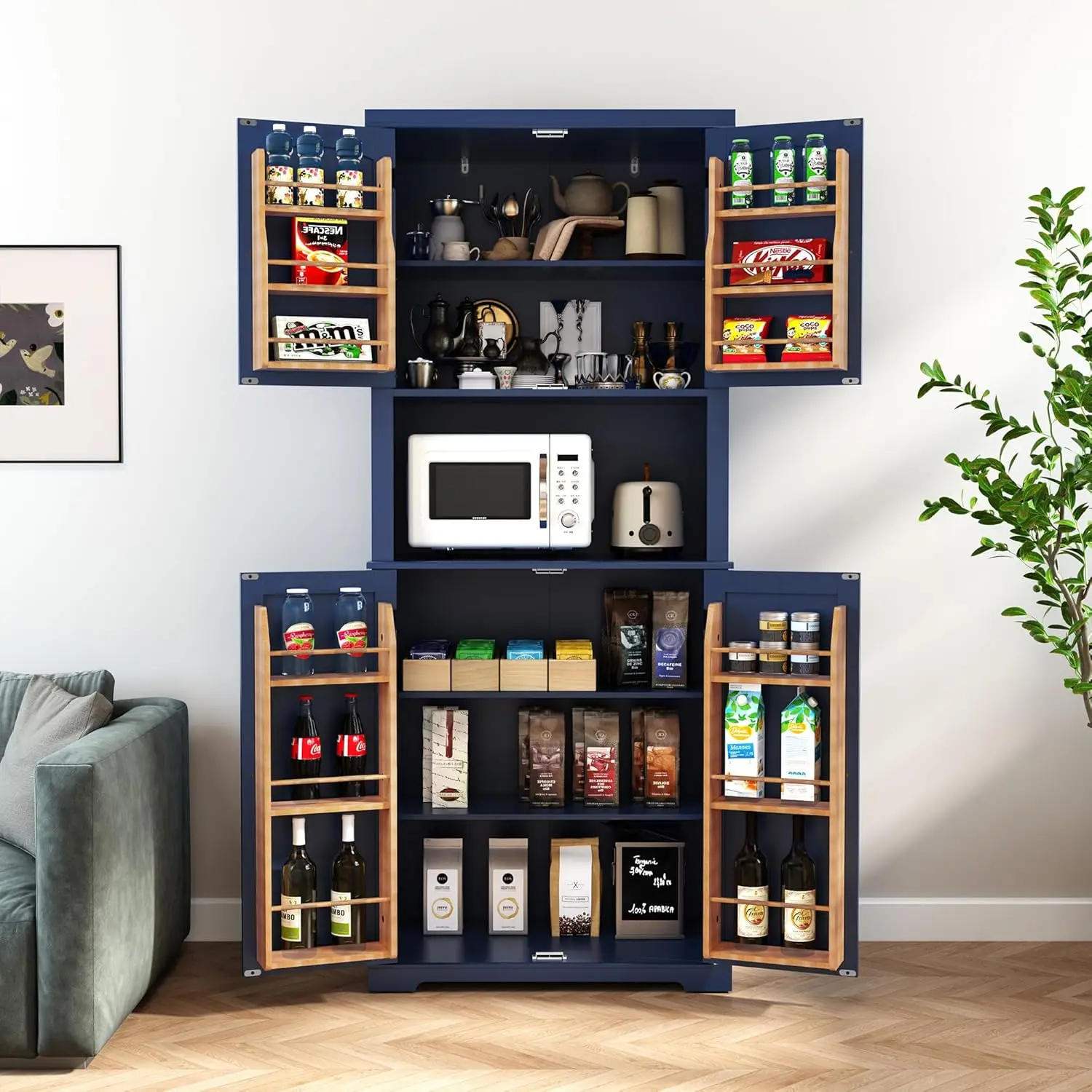 HLR 72 Kitchen Pantry Storage Cabinet, Freestanding Larder Cupboard, Kitchen Hutch Cabinet with Microwave Stand,Utility Pantry