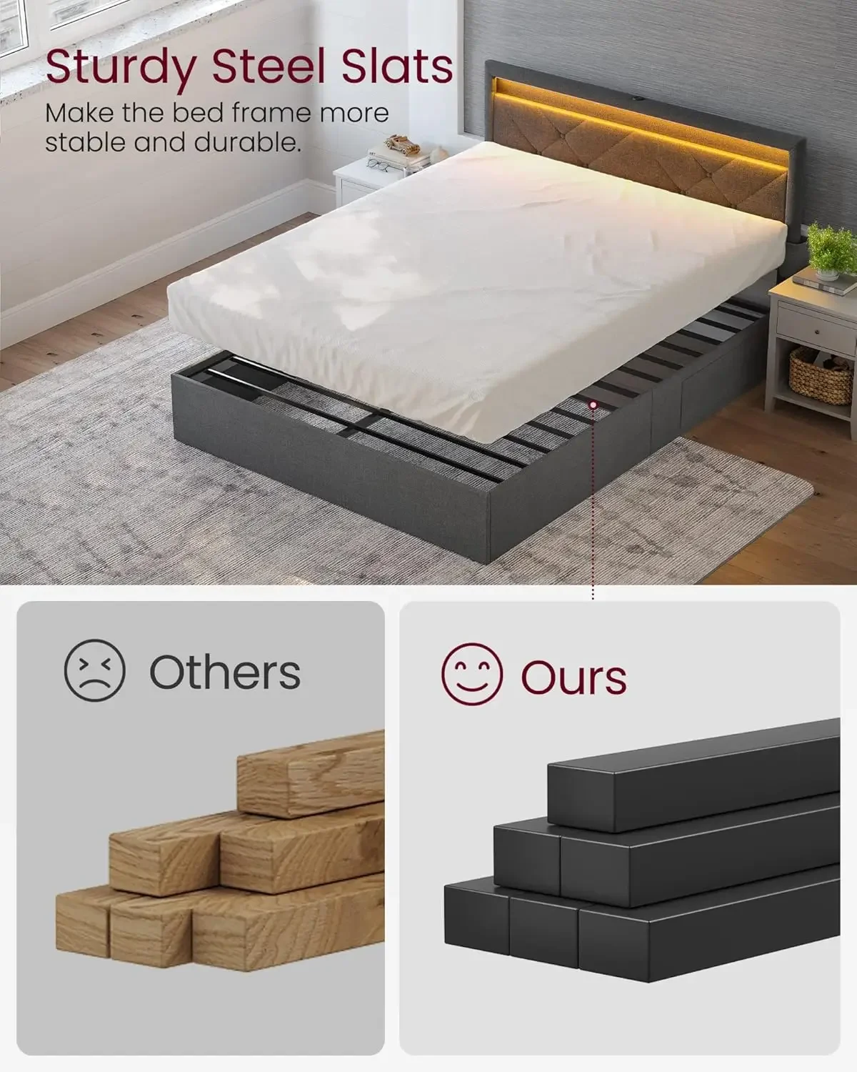 LED Bed Frame Full Size with Headboard and 4 Drawers, 1 USB Port and 1 Type C Port,  No Box Spring Needed, Dark Grey