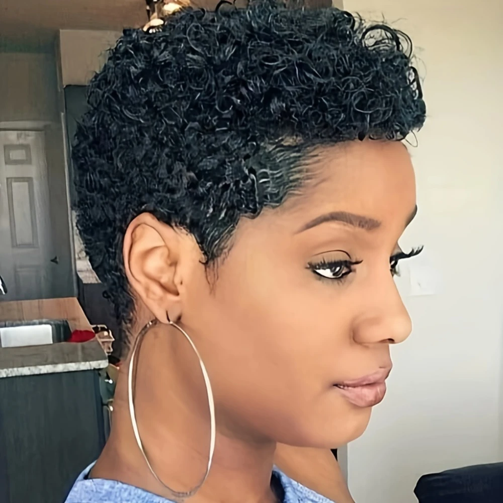 密度150% 4インチ フルマシンメイド ショートアフロカーリー人毛ウィッグ アフロショートウィッグ 女性用ピクシーカット人毛ウィッグ