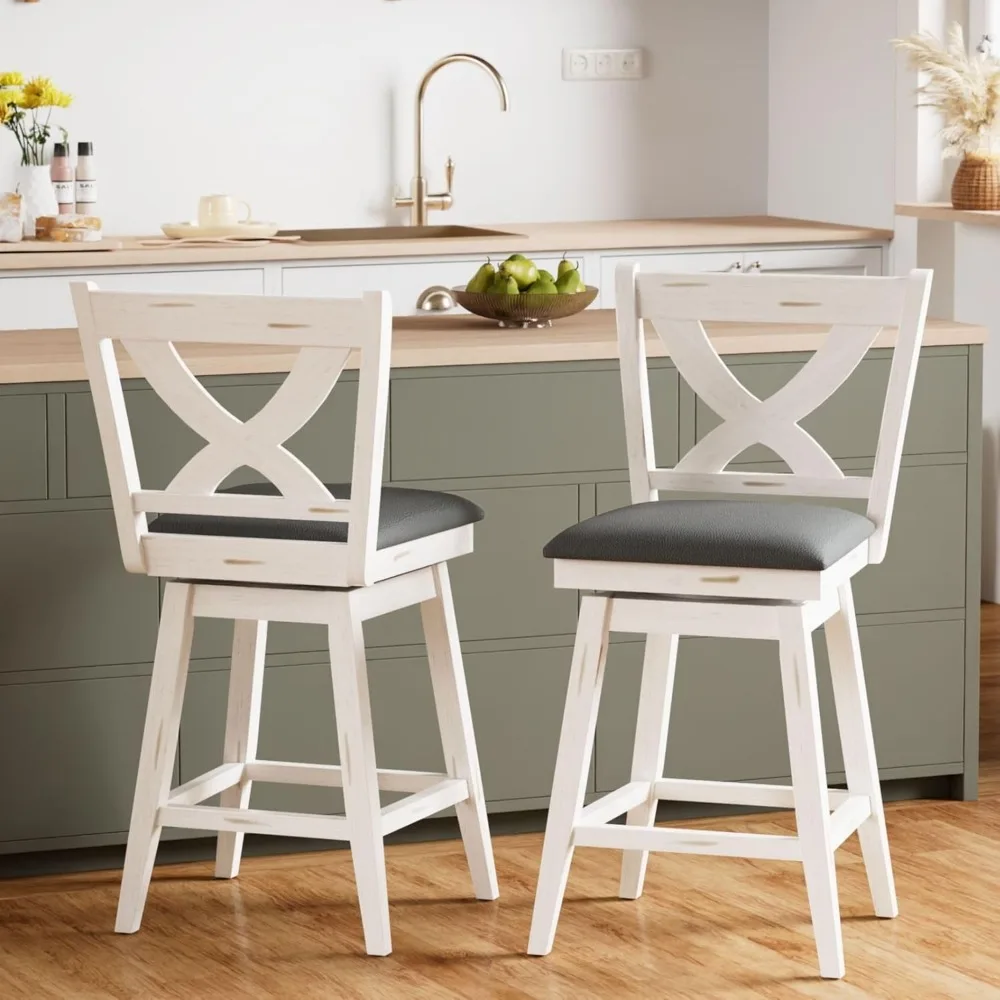 

Swivel Bar Stools Set of 2, 24" Counter Height Swivel Barstools with Solid Footrest & Faux Leather Upholstered Seat, Island Chai