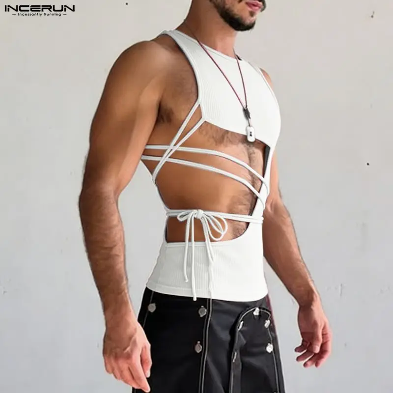 

INCERUN Men's Irregular Tank Tops Solid Color Sleeveless Hollow Out Male Vests Summer Lace Up Sexy Fashion Men Clothing Tops