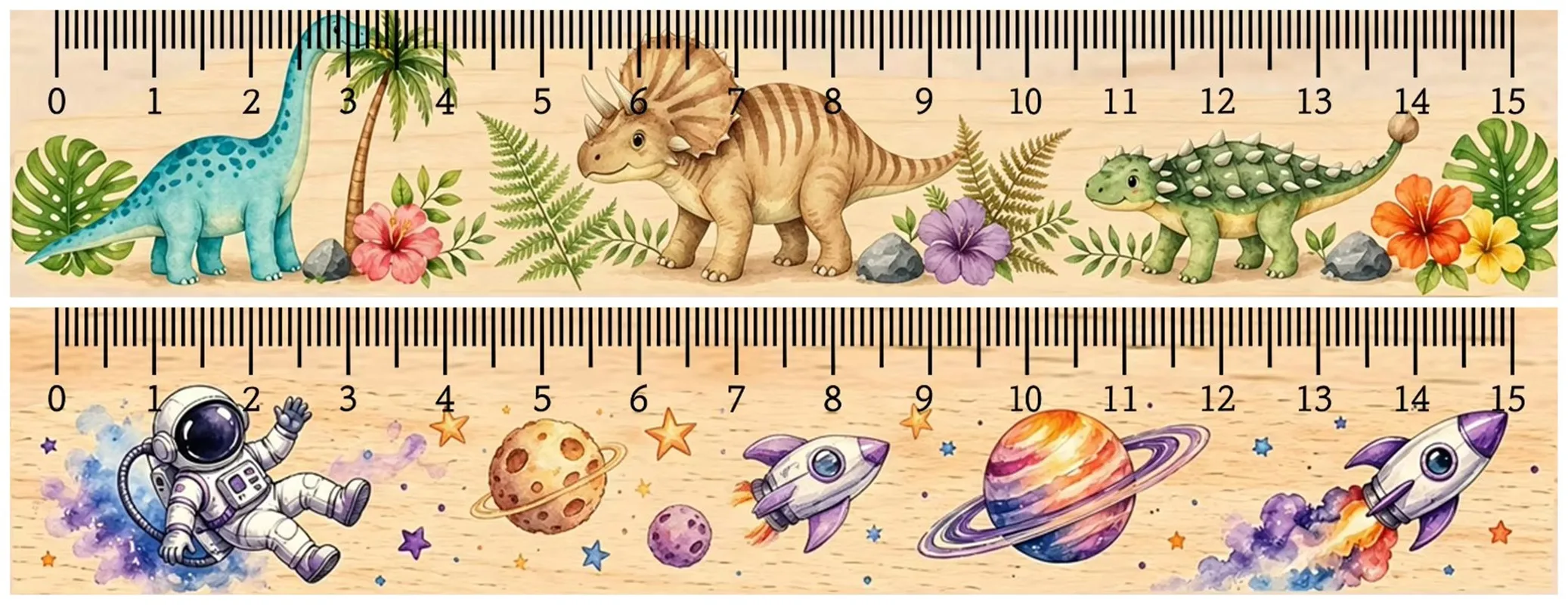 Einzigartiges Dinosaurier-Astronauten-Raketen-Muster Holzlineal 2D Gerades Lineal für Mathematikunterricht Geschenk für Schulanfang und Abschlussfeier