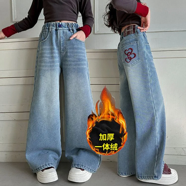 

Осенне-зимние теплые джинсы для девочек-подростков, новые модные детские теплые и толстые джинсовые брюки с широкими штанинами, детские брюки с бантом