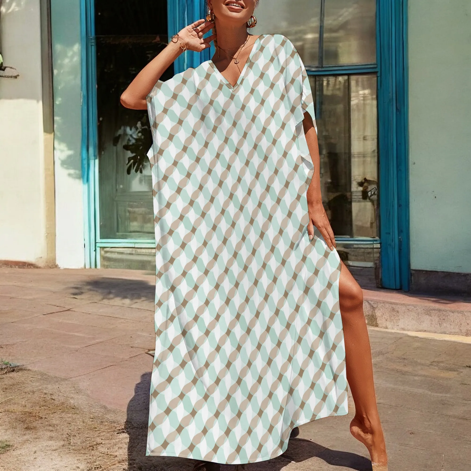 

Retro Geometric Kaftan Dress African Inspired V-Neck Loose Fit S-3XL Summer Brunch or Resort Wear