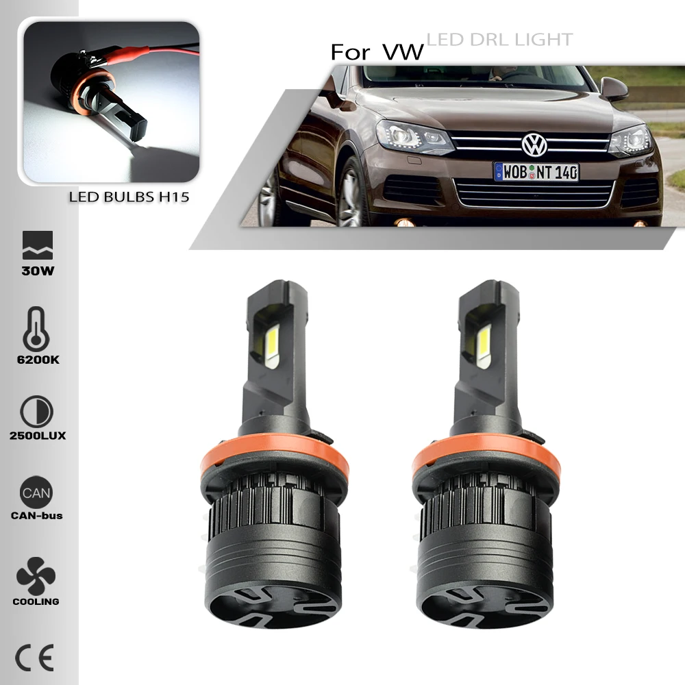 

2PCS H15 LED bulbs White Canbus LED High Beam with DRL For 2010-2018 VW Touareg Golf 6 7 TSI Replacement Headlight Auto Lamp