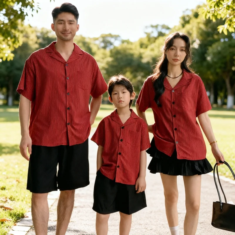 2026 Summer Family Matching Outfits Red Striped Camp Collar Shirt Set Vintage Retro Casual Streetwear For Family Beach Wear