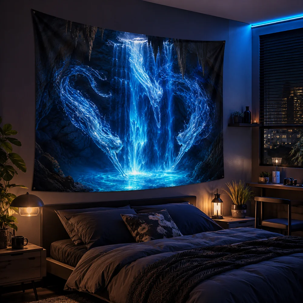 Magical Blue Water Dragon Tapestry, Glowing Cave Waterfall Wall Hanging for Bedroom Decor