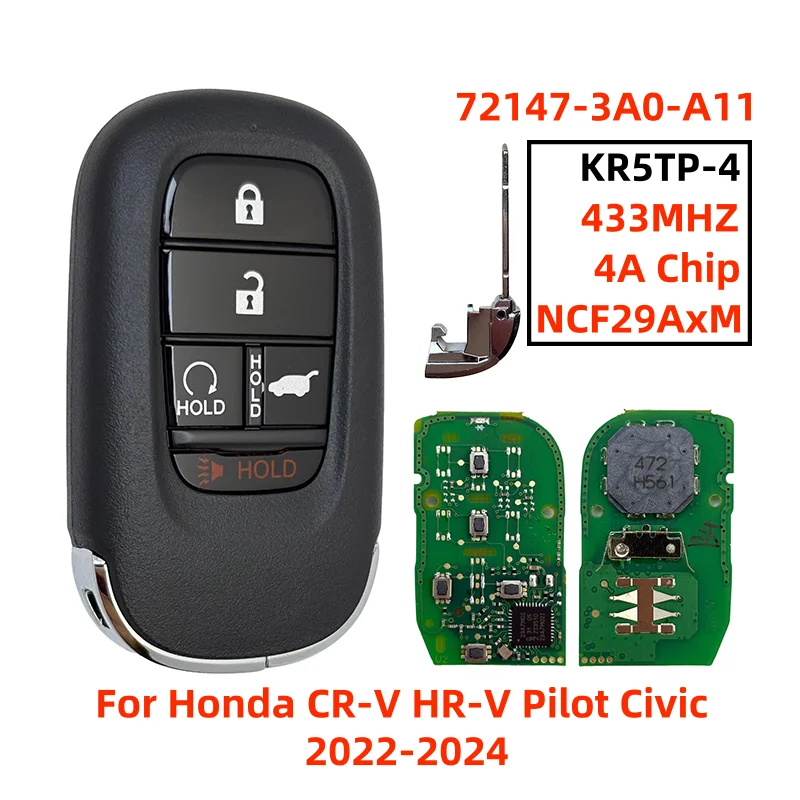 

KR5TP-4 72147-3A0-A11 5 Button Keyless Smart Key Fob 433MHz 4A NCF29AxM A3C0775510100 For Honda CR-V HR-V Pilot Civic 2022-2024