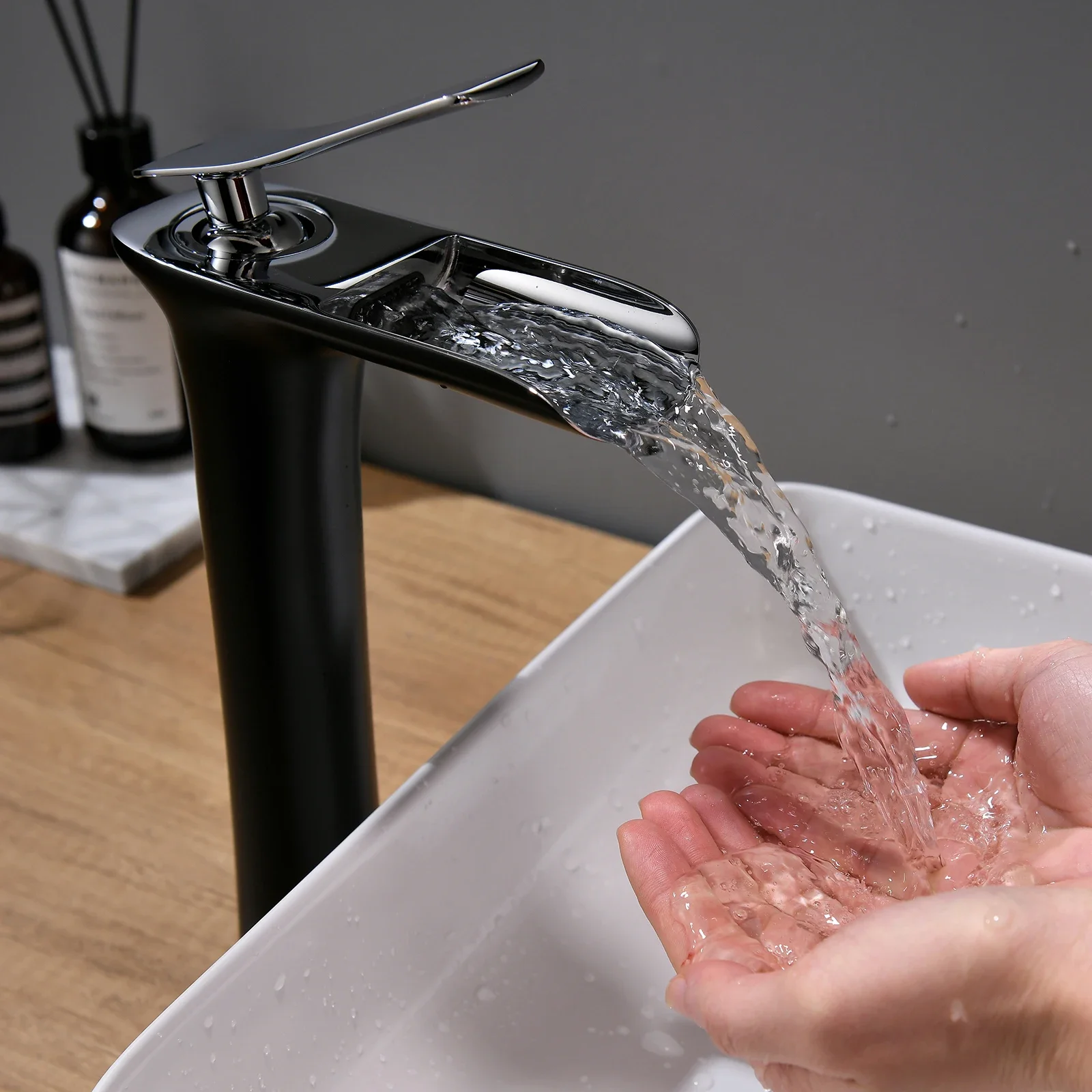 

High Quality Brass Black Single Handle Waterfall Tall Bathroom Tap Faucet Water Basin Mixer