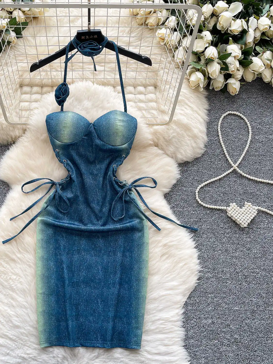 

Women 3D Floral Blue Mini Bodycon Dress Elegant Vintage Off Shoulder Lace-up Mini Luxury Dress Y2k Sundress Clothes Summer 2025