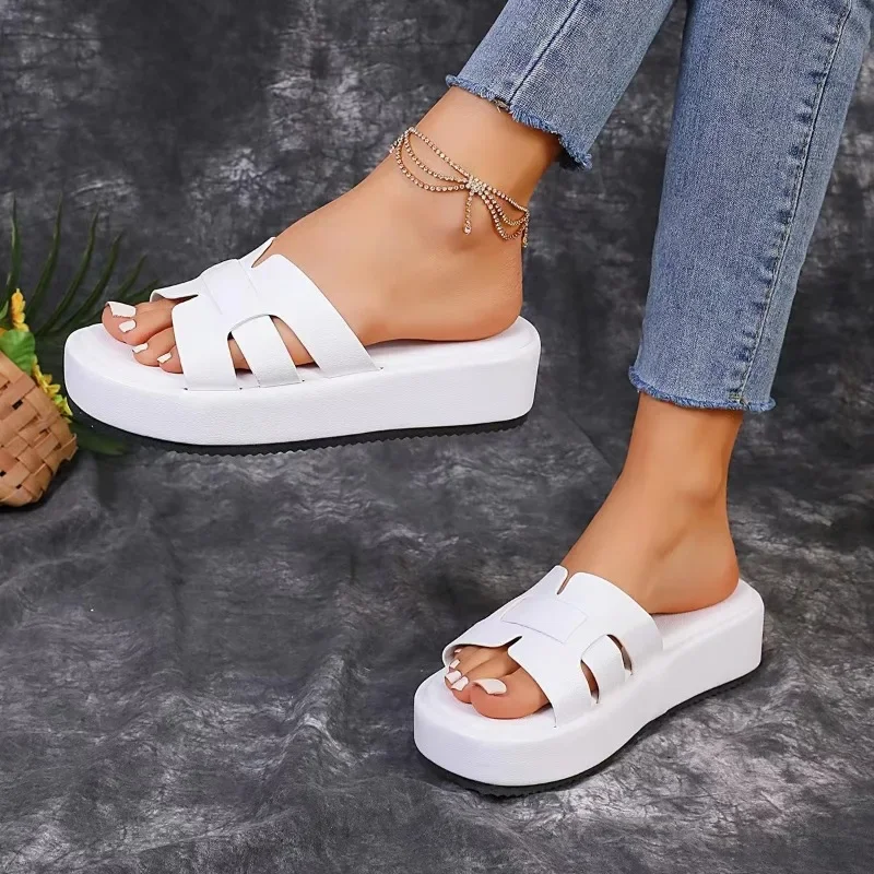 Womens Summer Platform Slippers Round Toe Casual Basic Leather Outdoor Beach Rubber Luxury High Quality Flip Flops High Heels