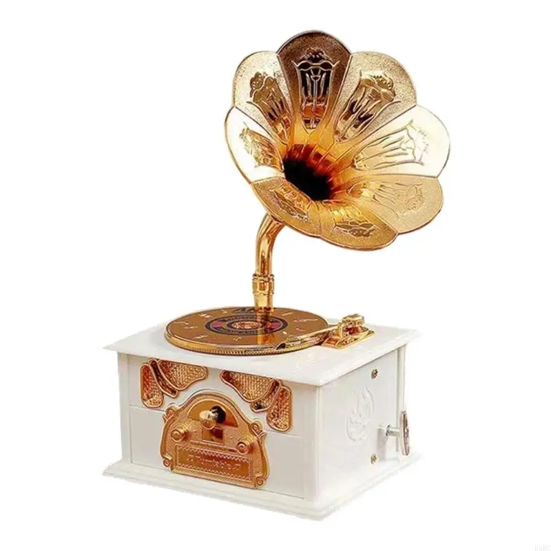  Classical Antique Hand Crank Gramophone Music Box With Drawer Wind Up Mechanical Phonograph For Living Room Decoration