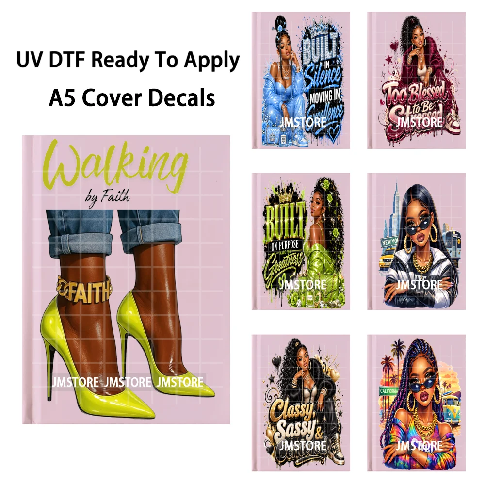 Black Afro Girl Empowerment Faith A5 Notebook UV DTF Wraps Ready To Apply Waterproof Transfer Stickers Decals For Journal Cover