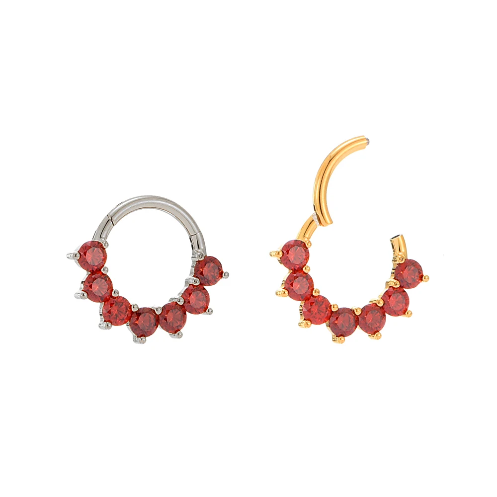 QM ASTM F136 Titanium Red Zircon Nose Ring Clicker Hinged Segment Helix Earring Body Piercing