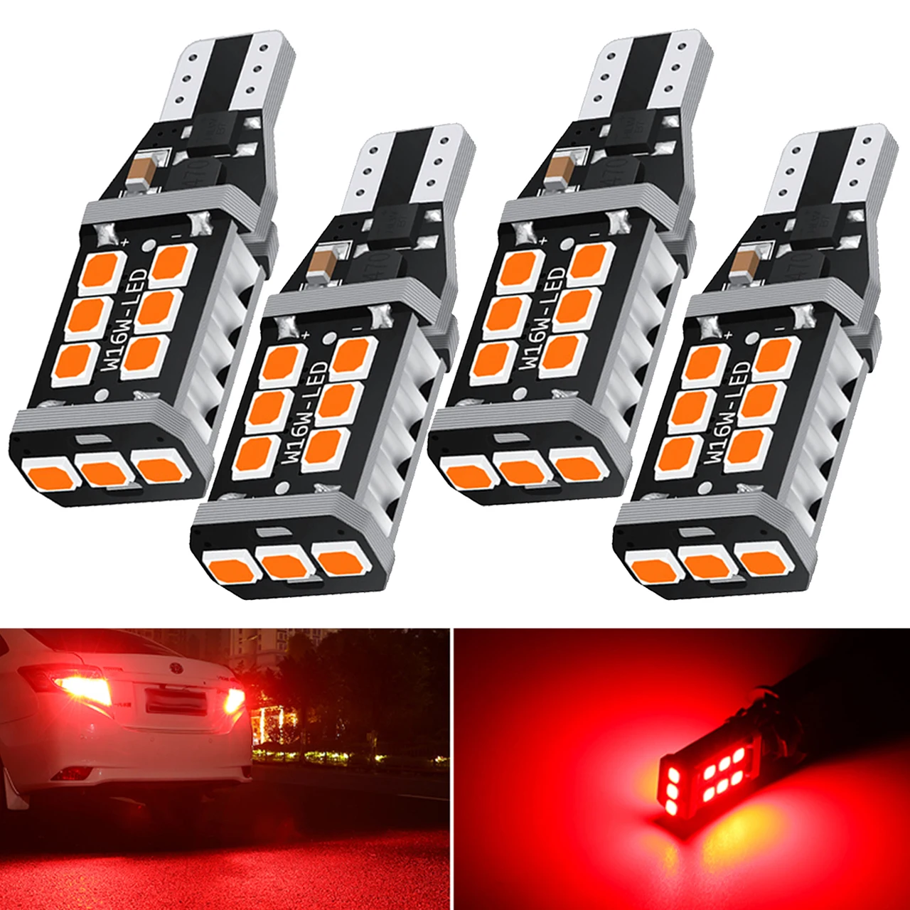 4x T15 W16W Canbus No Error 15SMD 2835 LED Samochodowa żarówka tylna Światło hamowania Automatyczna lampa cofania Kierunkowskazy Czerwony Biały Żółty Pomarańczowy 12V