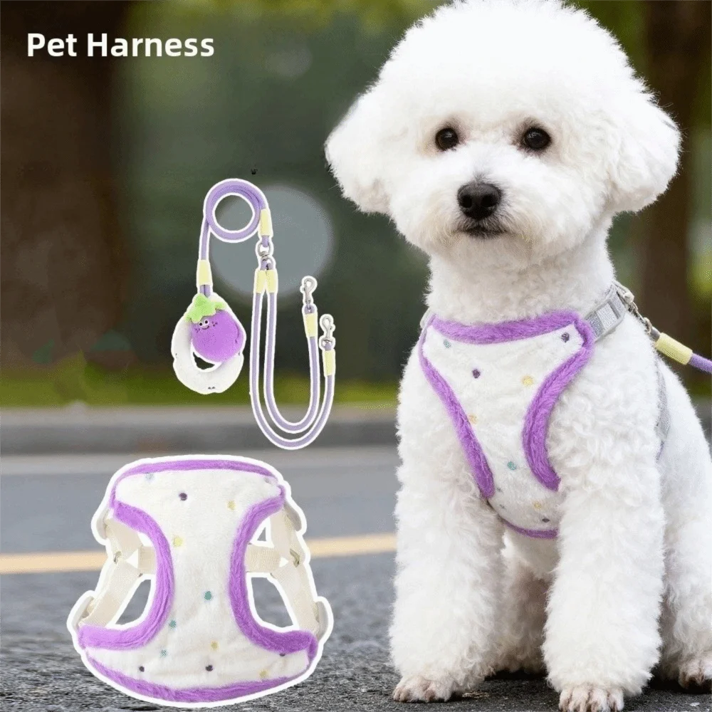 

Cartoon Dog Double-Headed Leash Breathable Mesh Eggplant Storage Bag Dog Chest Strap Soft Padding Dog Harness Leash Set