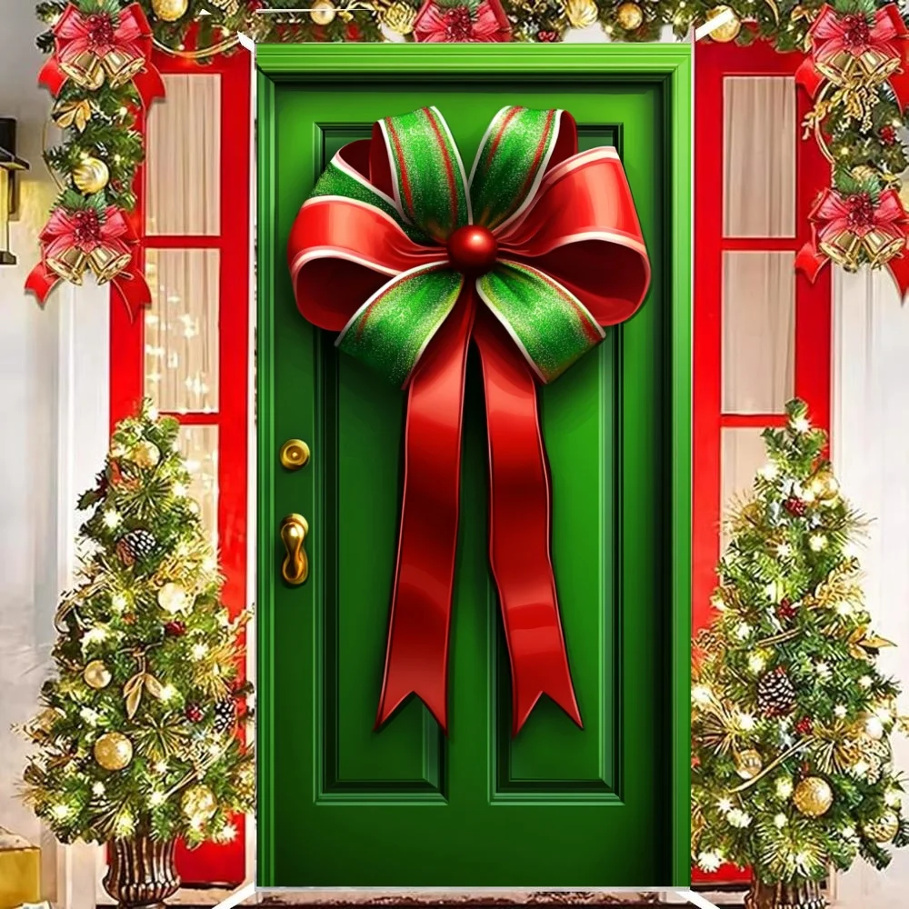 Large Bow For Front Door Christmas Door Cover Decoration Xmas Gift Bowknot Background Indoor Outdoor Porch Banner Party Supplies