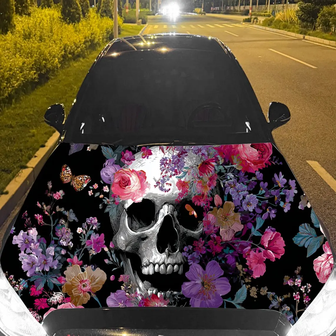 

Car Decal Skull with Multicolored Floral Motif in Vibrant Art Collage Style - Edgy Artistic Dark Fantasy Aesthetic Car Hood Stic