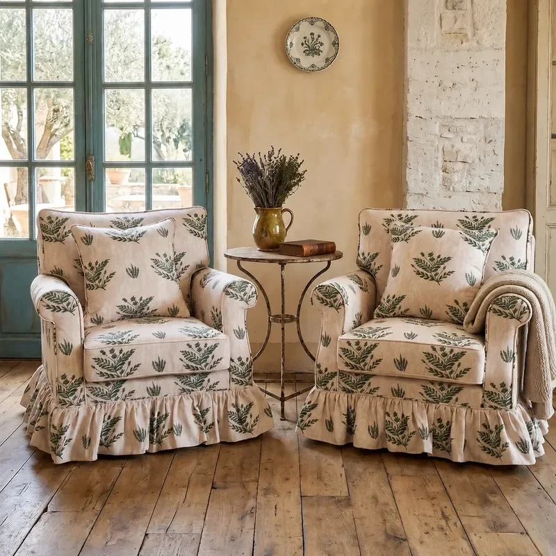 Retro Solid Wood Fabric Sofa Chair British Pastoral Print Single Seat for Home Living Room Balcony Lazy Lounge