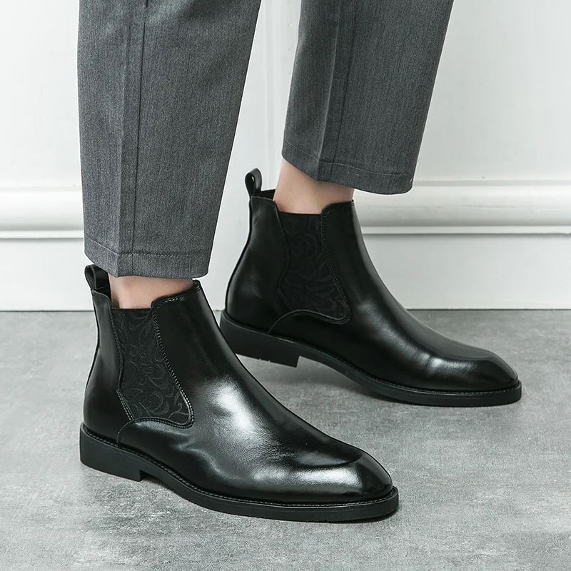 Youth Trend Chelsea Boots with Elastic Band and Carved Pattern To Increase Height Business British Office Formal Boots