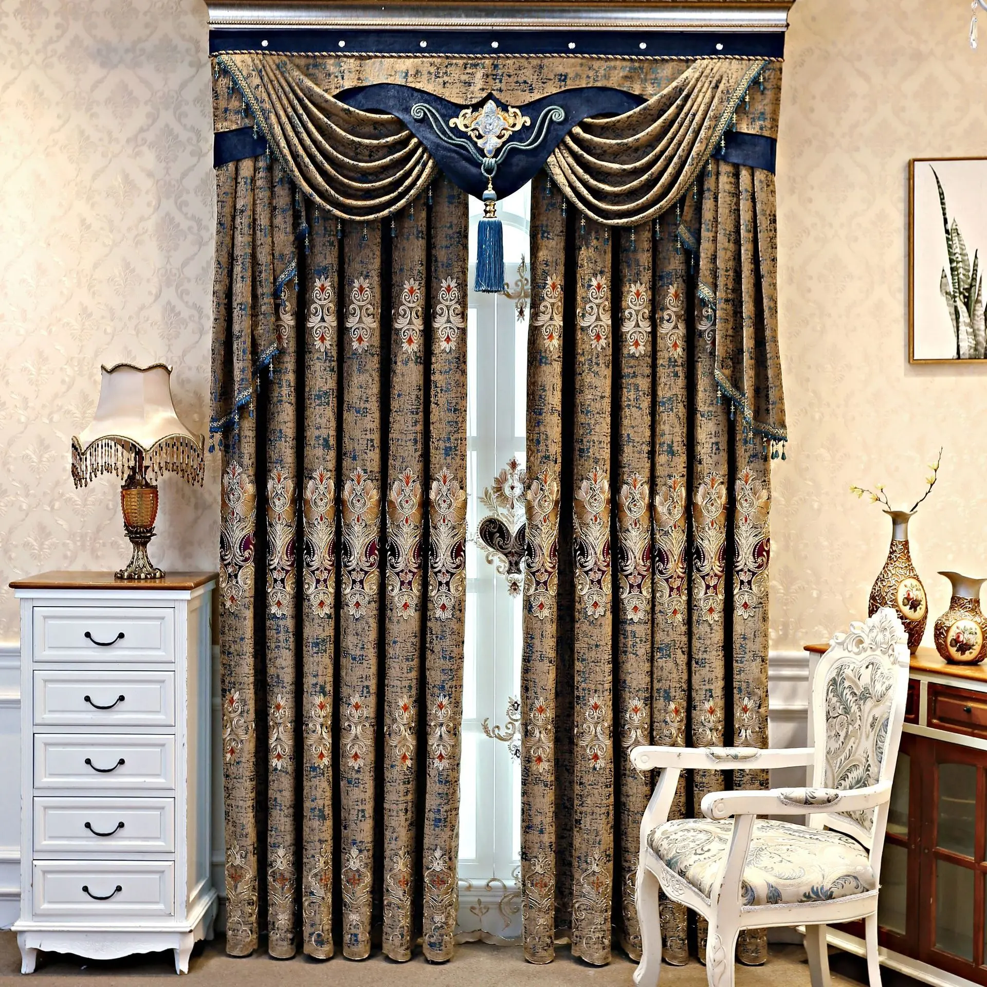 Classical Palace Luxury European Chenille Jacquard Embroidery Curtains for Living Dining Room Bedroom Villa Windows Door