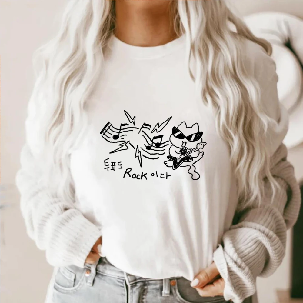 Camiseta con Estampado de Gato Rockero Dibujado a Mano, Camiseta de Algodón de Manga Corta con Gato Tocando la Guitarra, Top Estético para Chicas