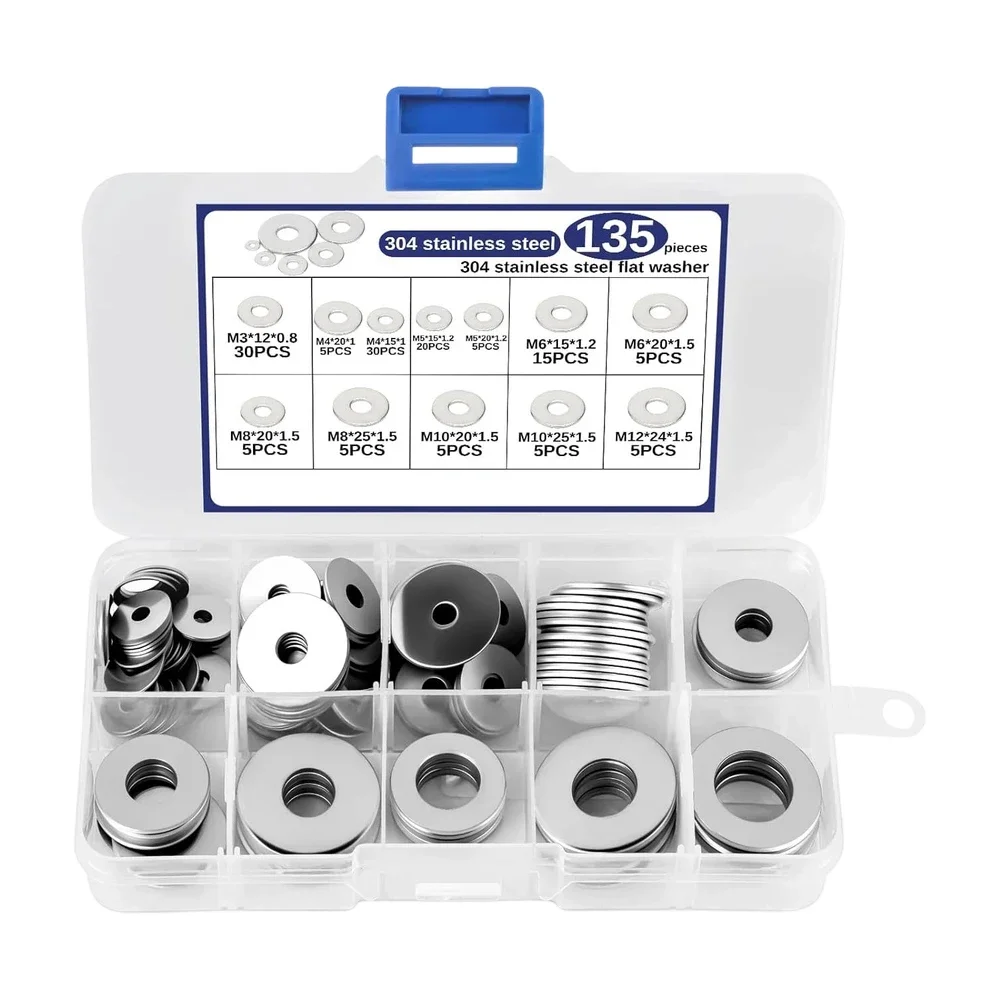 135 PCS Stainless Steel Washers Set - 12 Sizes For Secure Repairs Sealing Flat Washer Metal Plain Gaskets Meson Shim ﻿