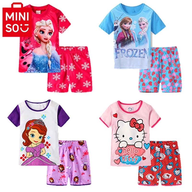 

MINISO Girls Pajamas Two Pieces Set Summer Children's Clothing Cotton Cat & Elas Anna Princess Print Cute Toddler Girl Sleepwear