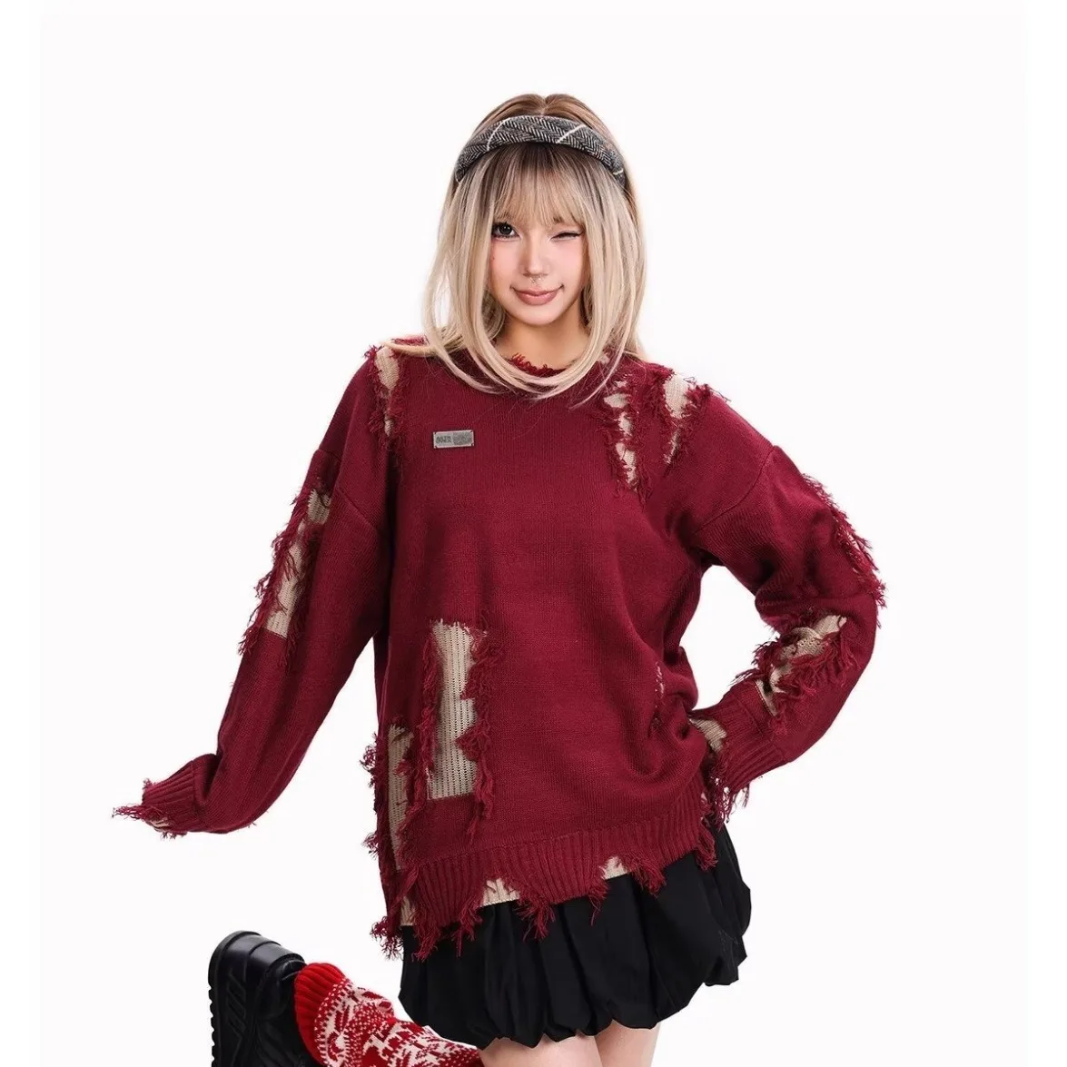 2025秋冬 不規則なダメージ加工デザイン ラウンドネックニットセーター 男女兼用 - レトロ ルーズ トレンド ストリートウェア プルオーバー