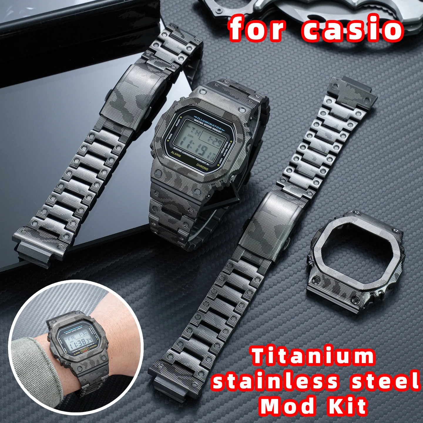 

Camouflage Titanium Alloy Mod Kit for Casio G-Shock DW-5600/GW-M5610/GB-5600/G-5600 | Small Square Metal Case & Strap Upgrade
