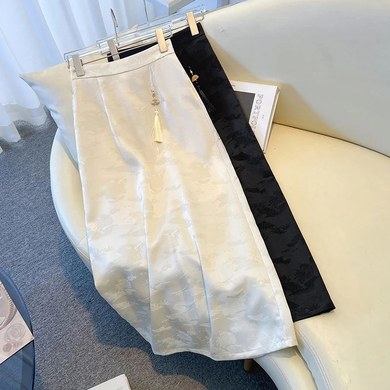 Gonna longuette a vita alta da donna Primavera Autunno Taglia grande A-Line Dritto Acetato Raso Ricamo Cinese Sle Pendolarismo