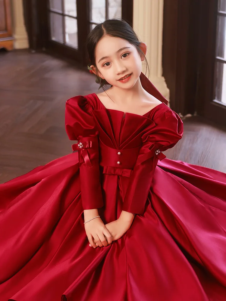 2024 Red Christmas Dress for Girls Children's Luxury Party Dress For Weddings Kid Girl Princess Beading Ball Gown Infant Vestido