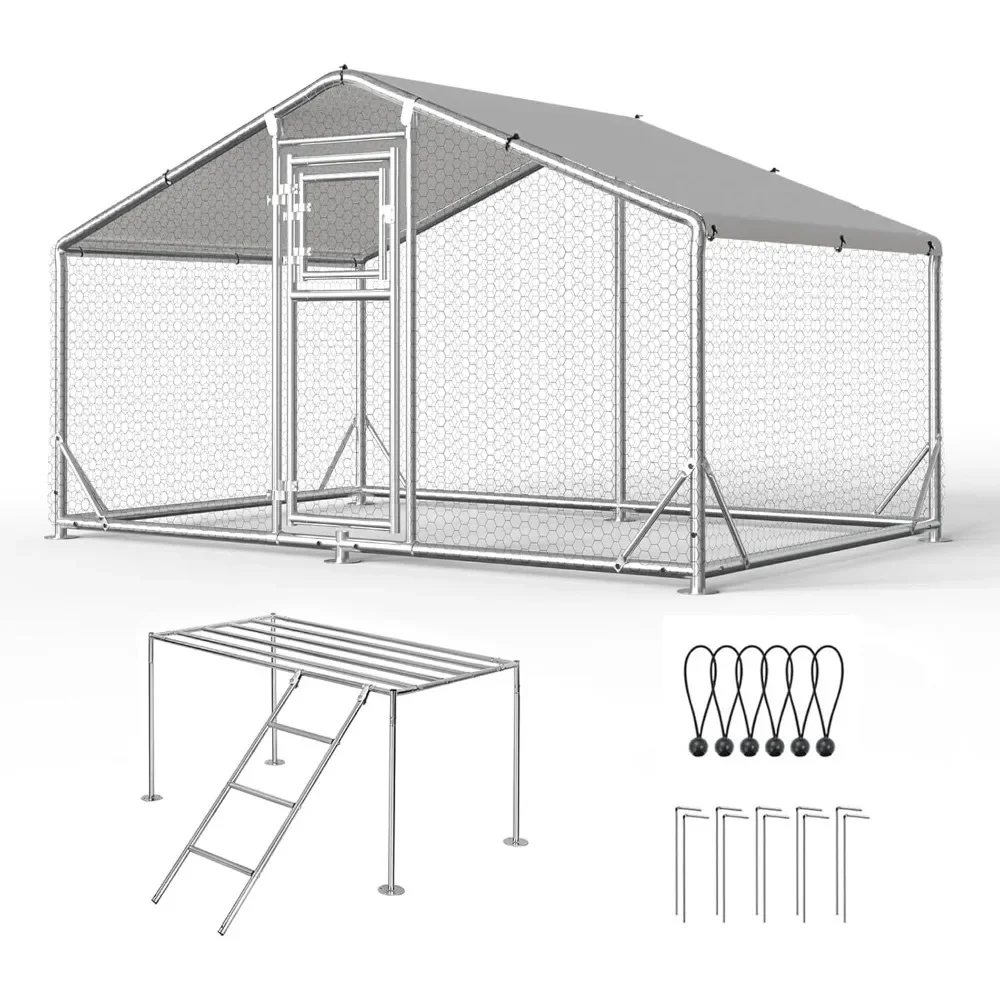 

Chicken Run with Perch, 9.84 x 6.56 x 6.56 FT Metal Walk-in Chicken Coop with Rainproof & Anti-UV Cover, Chicken Runs Pen Dutch