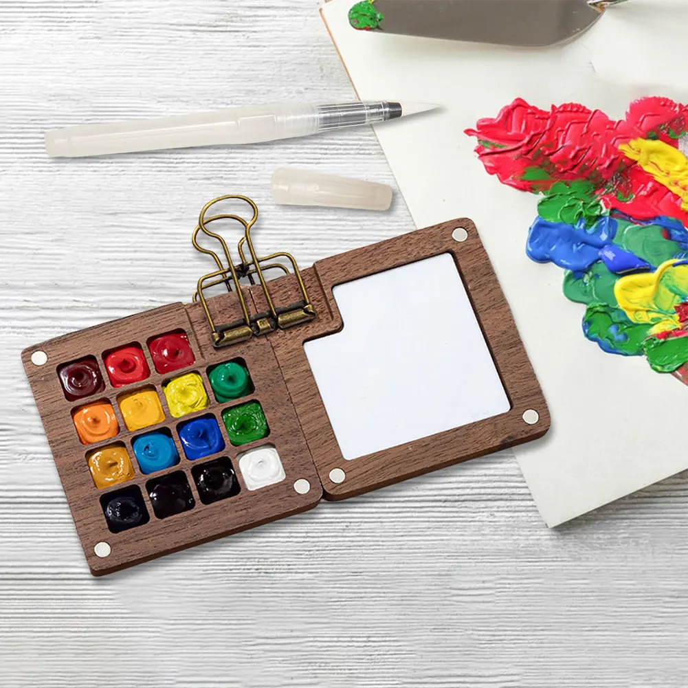 Conjunto de paleta de aquarela com caixa de pintura de madeira mini conjunto de paleta de pintura de viagem com clipes de pasta conjunto de pintura de aquarela para amantes da arte
