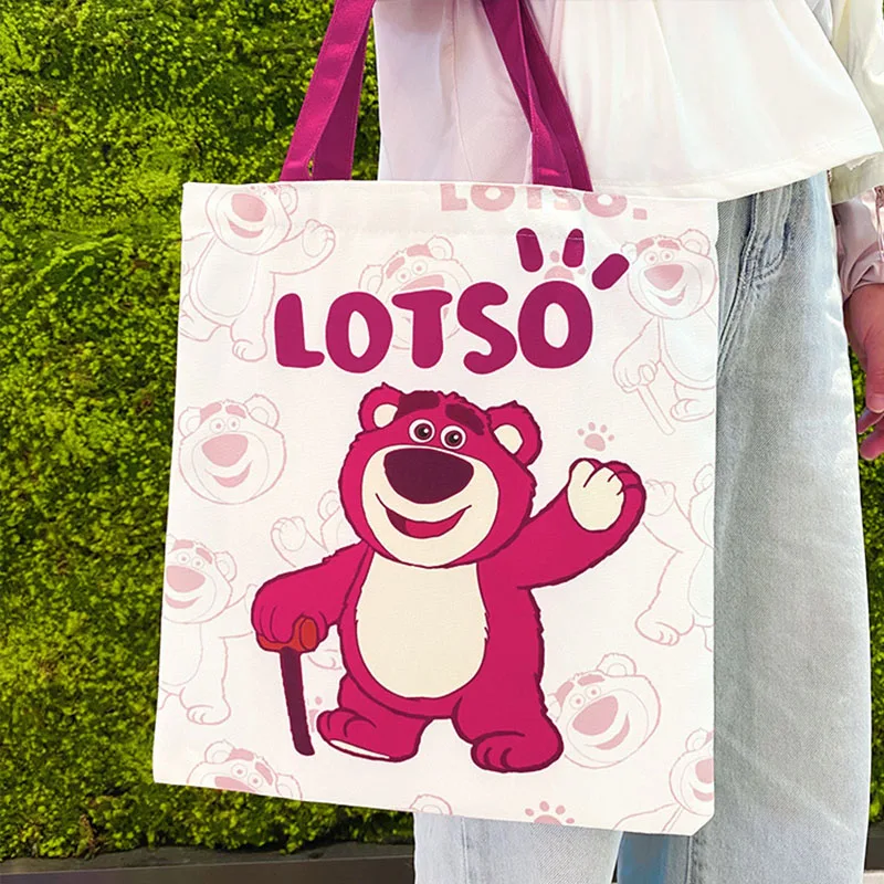 Disney lotso cartoon carrying canvas bag Cute strawberry bear emoji bill shoulder bag,