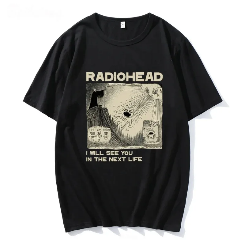 Hiphop Radiohead Print T-Shirt Rockband Vintage Ik Zie Je In Het Volgende Leven Unisex Muziekfans Print Mannen Vrouwen Met Korte Mouwen