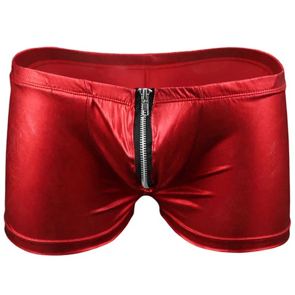 Men Sexy Zipper Crotch Faux Leather Boxers Shorts Low Rise Nightclub Pole Dance Costume Rave Party Stage Performance Boxershorts