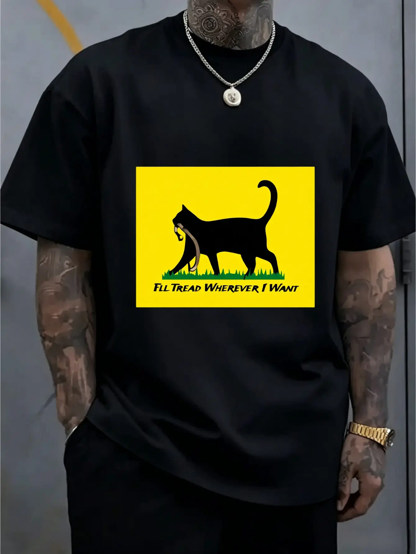 Trendy Mens Cotton Tshirt Minimal Walking Black Cat Holding Leash Graphic Text Short Sleeve Crew Neck Loose Casual Travel Wear