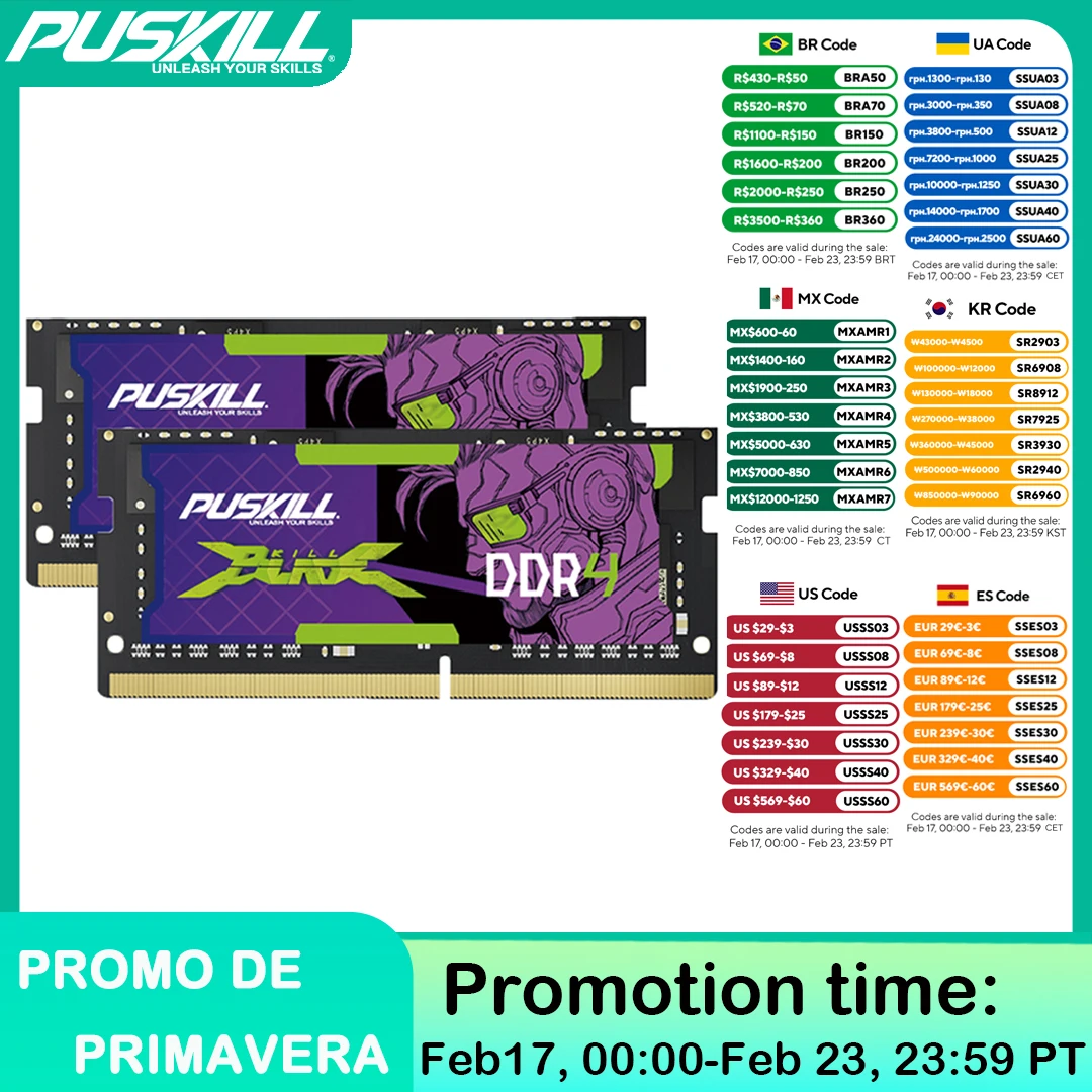 PUSKILL DDR4 Killblade Notebook Gamer Memoria Ram 32GB 2x16GB 2x8GB 3200MHz 2666MHz 1.2V 260pin